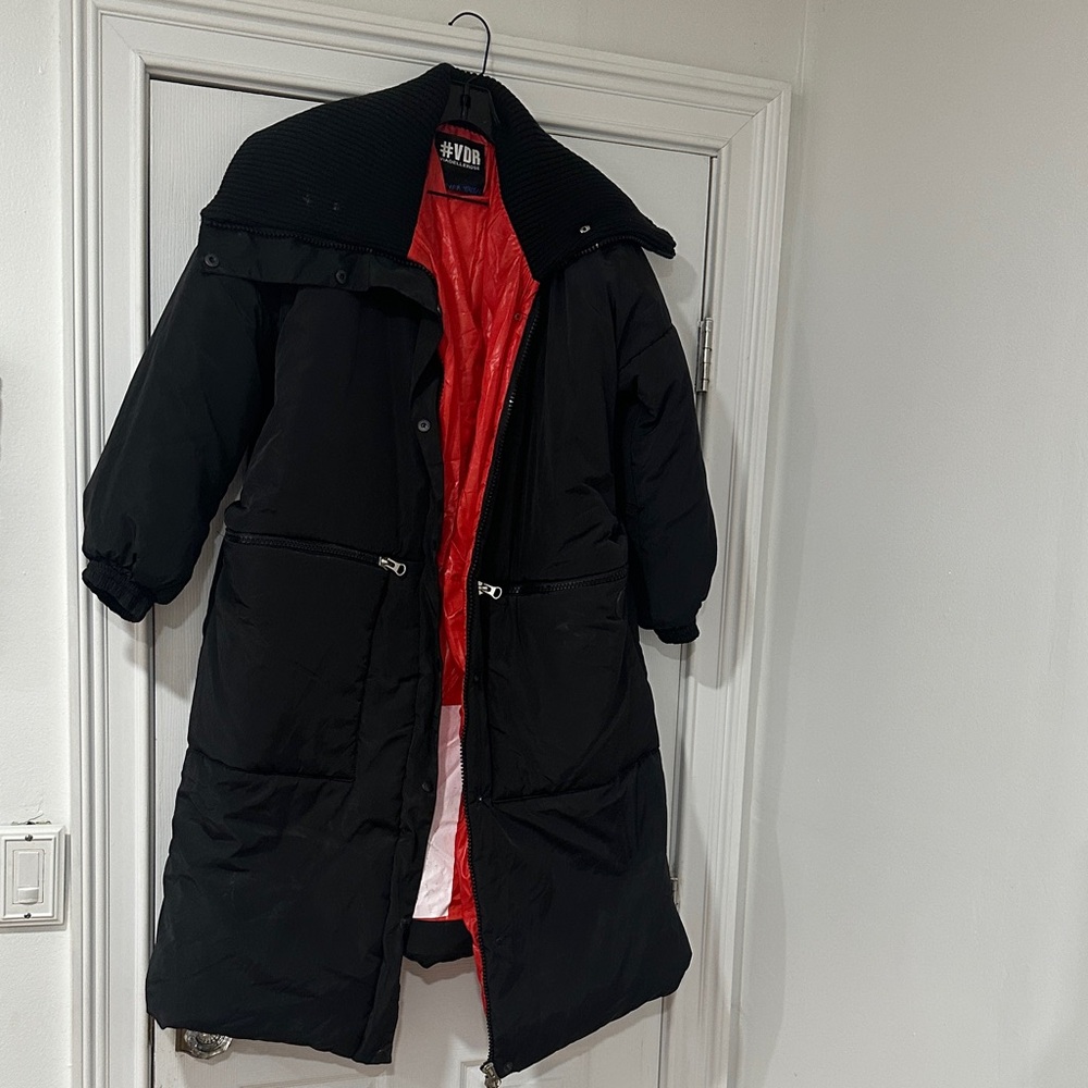 Yves Salomon Black and Red Puffer Coat